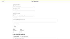 Click to enlarge Add opportunity page. There are fields to fill out the opportunity type, name, stage, a description, compensation, and dates